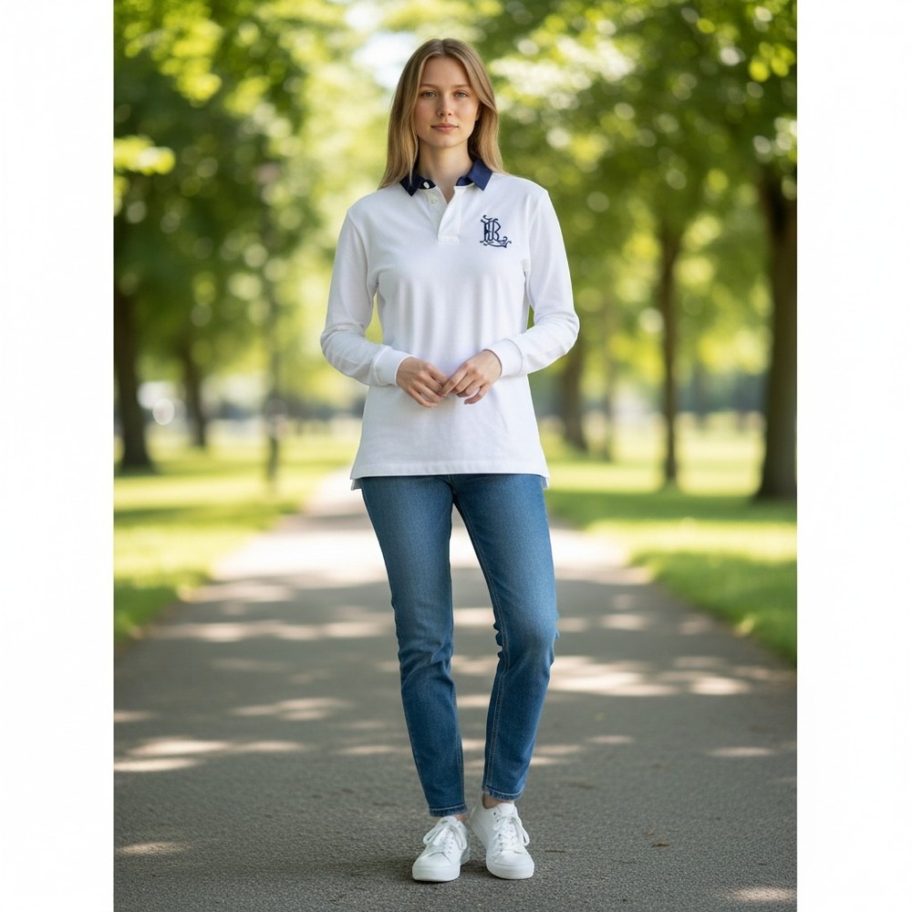 Ralph Lauren Jeans Company Top Womens Medium White Navy Monogram Polo 3/4 Sleeve